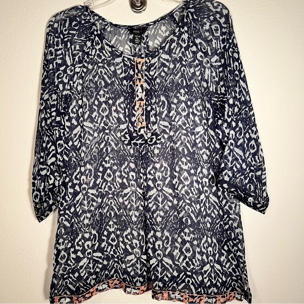 Intro Navy Blue White Embroidered Blouse